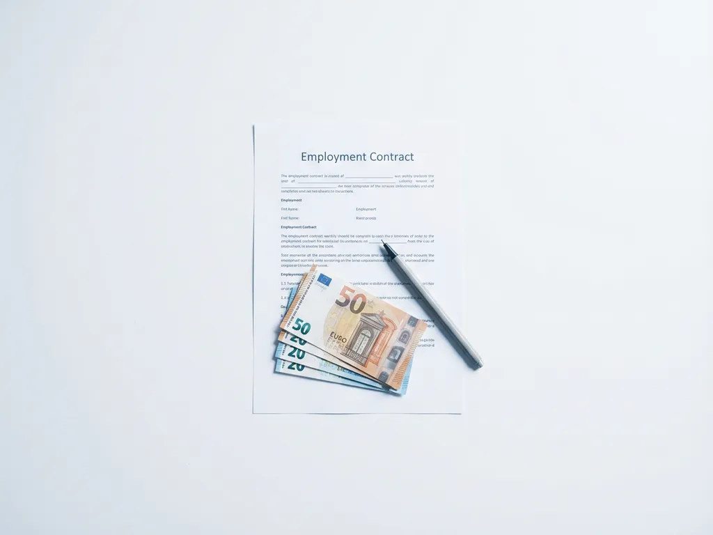 Arbeidscontract op wit bureau met eurobiljetten en pen, minimalistisch bovenaanzicht.