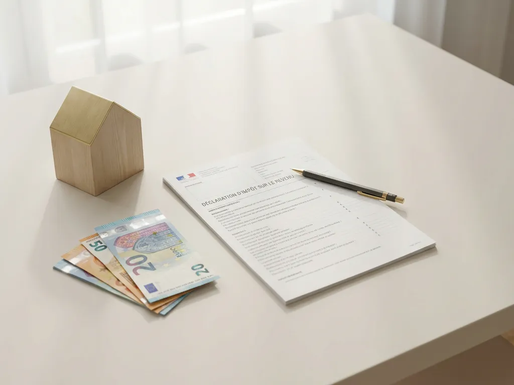 Belastingaangifte formulier op minimalistisch bureau met eurobiljetten, huis figurine en potlood in natuurlijk licht.