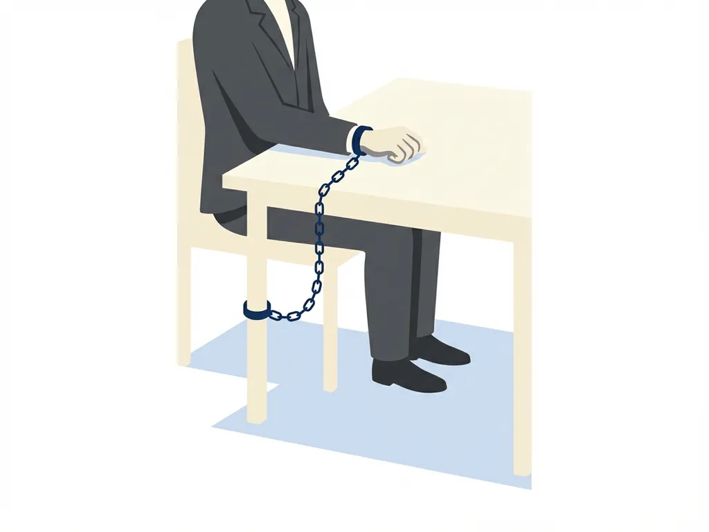 Zakenman in pak aan bureau, subtiel geketend aan tafelpoot, symboliseert verborgen afhankelijkheid ondanks schijnbare vrijheid.