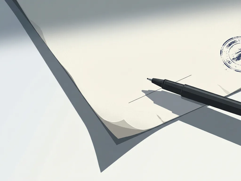 Formeel contract open op wit bureau, pen halverwege handtekening, officieel stempel, minimalistische stijl met juridische spanning.