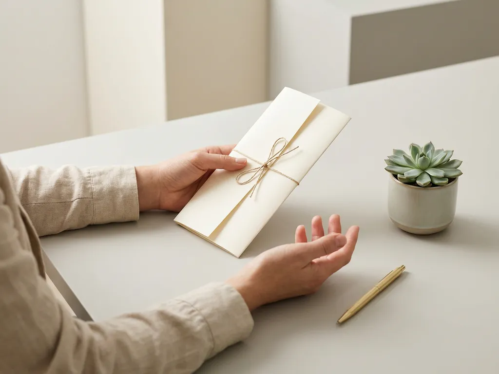 Professionele handen op minimalistisch bureau met contract, pen en plant in rustige, zakelijke setting.