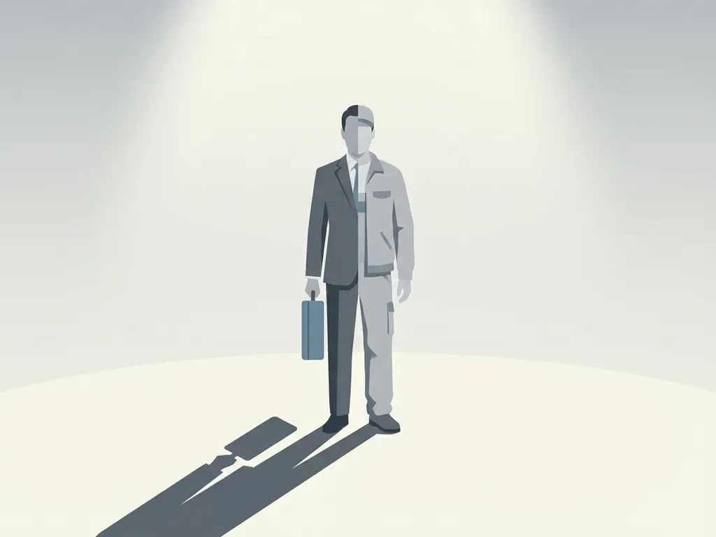 Minimalistische vectorillustratie van een figuur in half zakenpak, half werkkleding, met koffer op neutrale achtergrond.