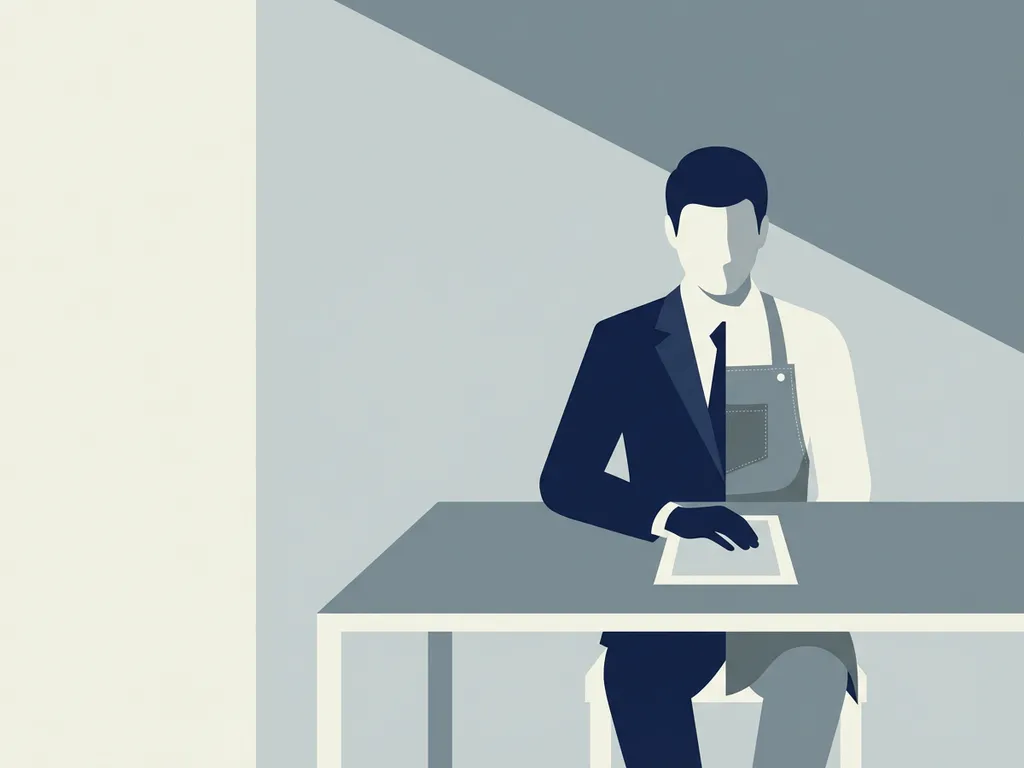 Persoon aan bureau, half in zakenpak half in werkschort, met document voor zich in minimalistische illustratie.