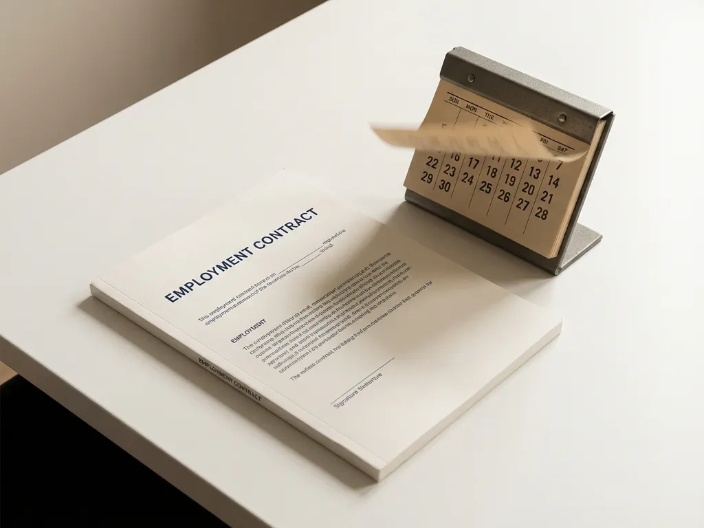 Arbeidscontract op wit bureau naast vintage kalender met terugdraaiende pagina's, minimalistische stijl met marineblauw accent.