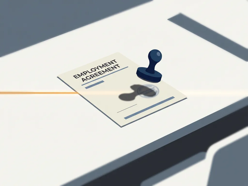 Arbeidscontract op bureau met officieel stempel, minimalistische stijl in wit en grijs met warme lichtaccent.