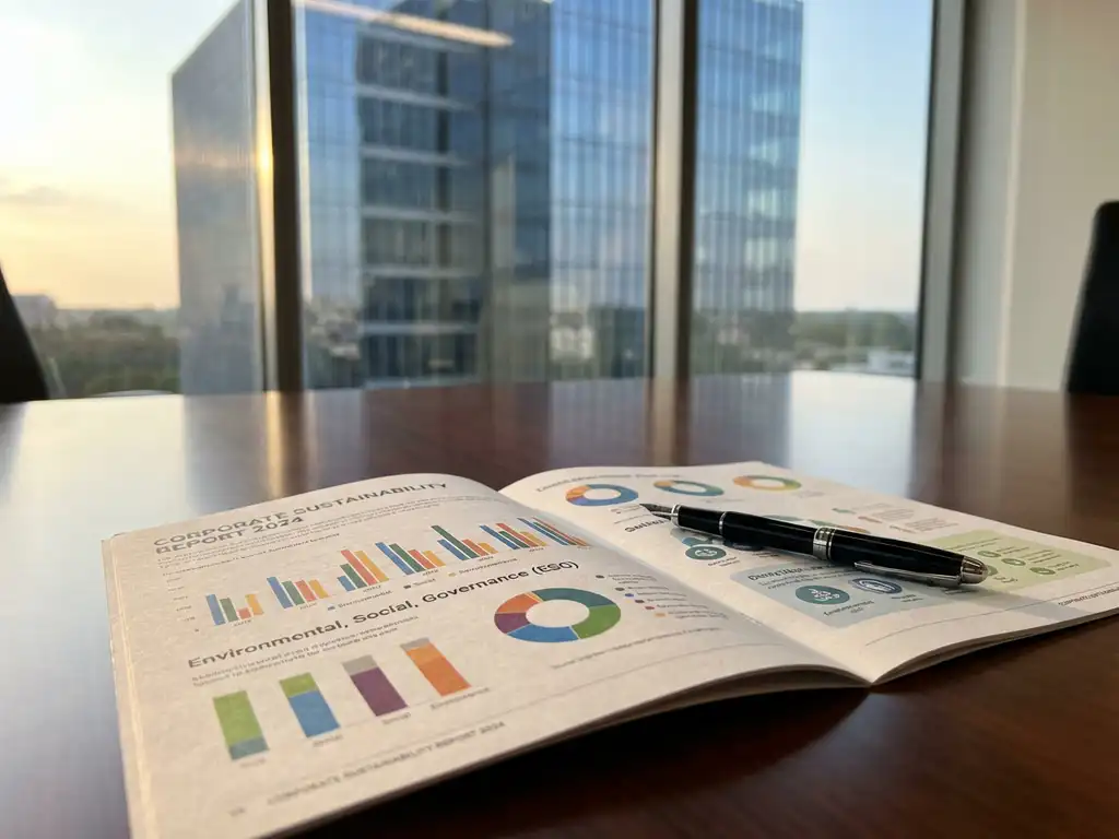 Open duurzaamheidsrapport met ESG-grafieken op bestuurskamertafel met pen en modern kantoorgebouw op achtergrond
