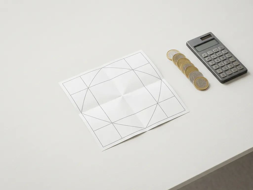 Minimalistische flatlay met euromuntjes, rekenmachine en ruitjespapier op een wit bureau in zacht daglicht.