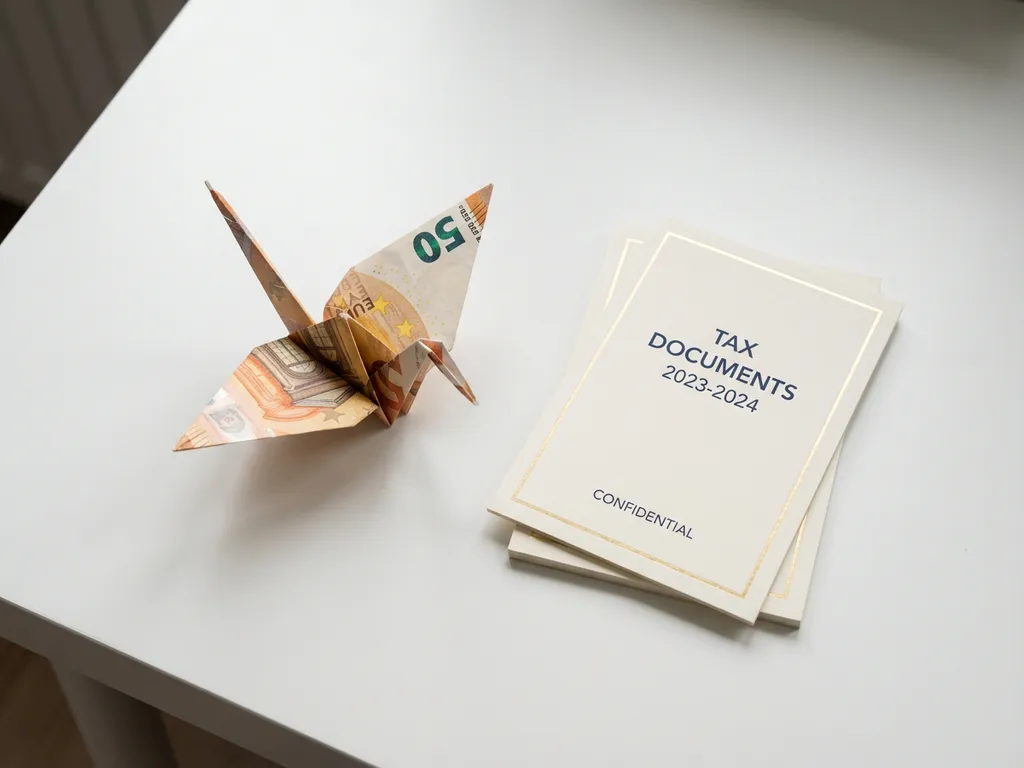 Euro biljet gevouwen als origami naast belastingdocumenten op wit bureau, minimalistisch bovenaanzicht met zachte schaduwen.