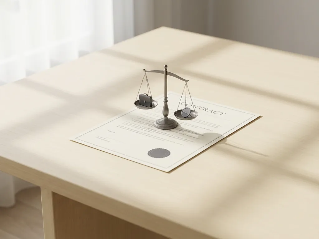 Weegschaal op contract vergelijkt freelance werk met loondienst op een minimalistische houten bureau.