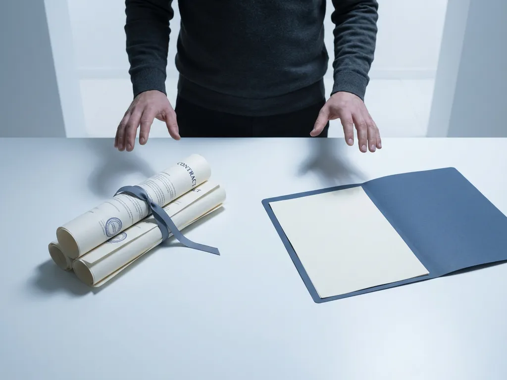 Persoon weegt beslissing tussen freelancecontract en arbeidsovereenkomst aan minimalistisch bureau in koel licht.