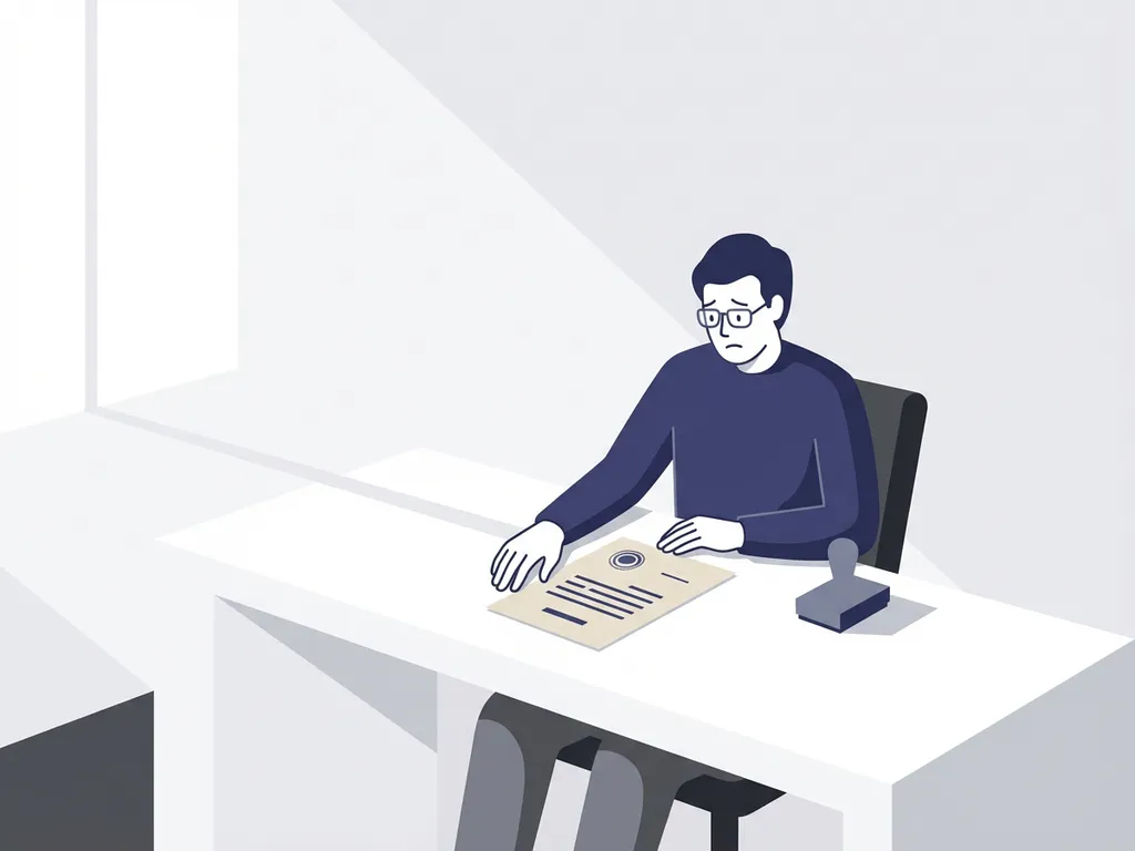 Freelancer bestudeert officieel document aan minimalistisch bureau, met stempel ernaast, in rustige maar gespannen sfeer.