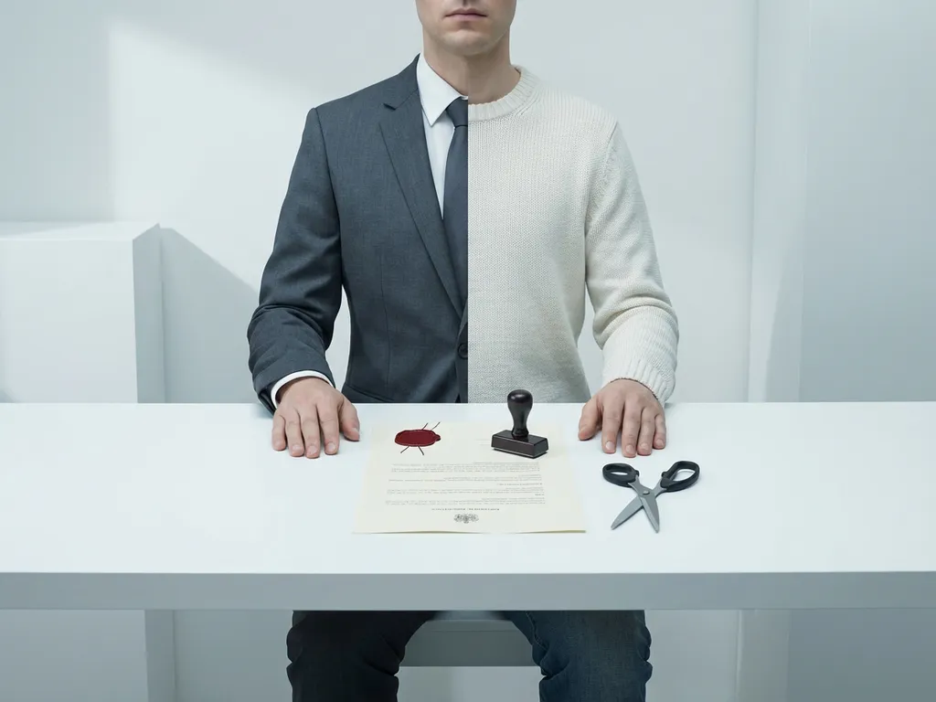 Persoon in half zakelijk, half casual outfit aan wit bureau met officieel gestempeld document en schaar, symboliseert freelance transitie.