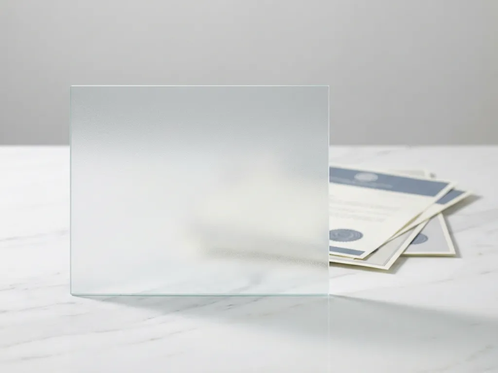 Matglazen paneel voor vertrouwelijke documenten op wit marmer, minimalistische compositie in neutrale tinten.