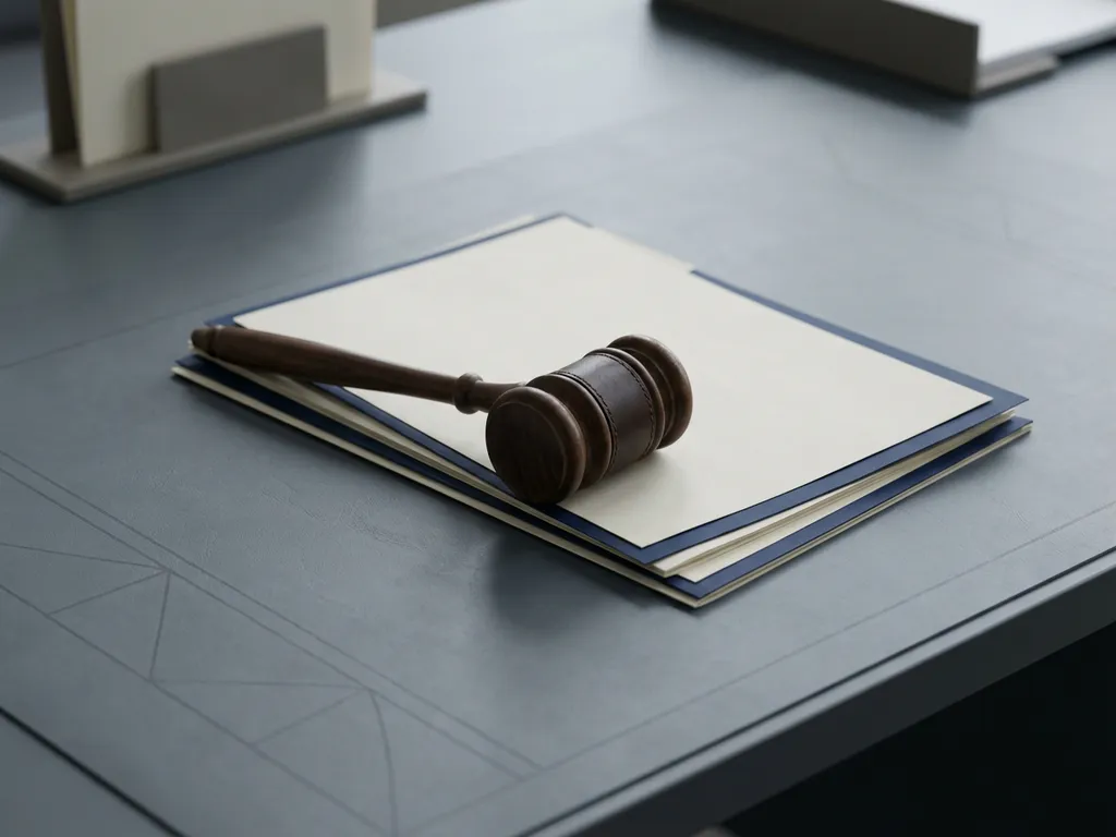 Houten rechtershamer op modern bureau met officiële documenten, minimalistische compositie in grijs en marineblauw.