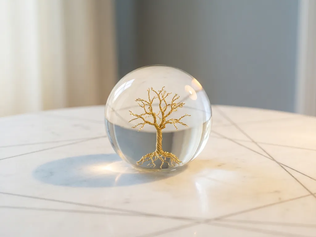Glazen bol met gouden miniatuurboom op marmeren ondergrond, zacht natuurlijk licht, minimalistische compositie.