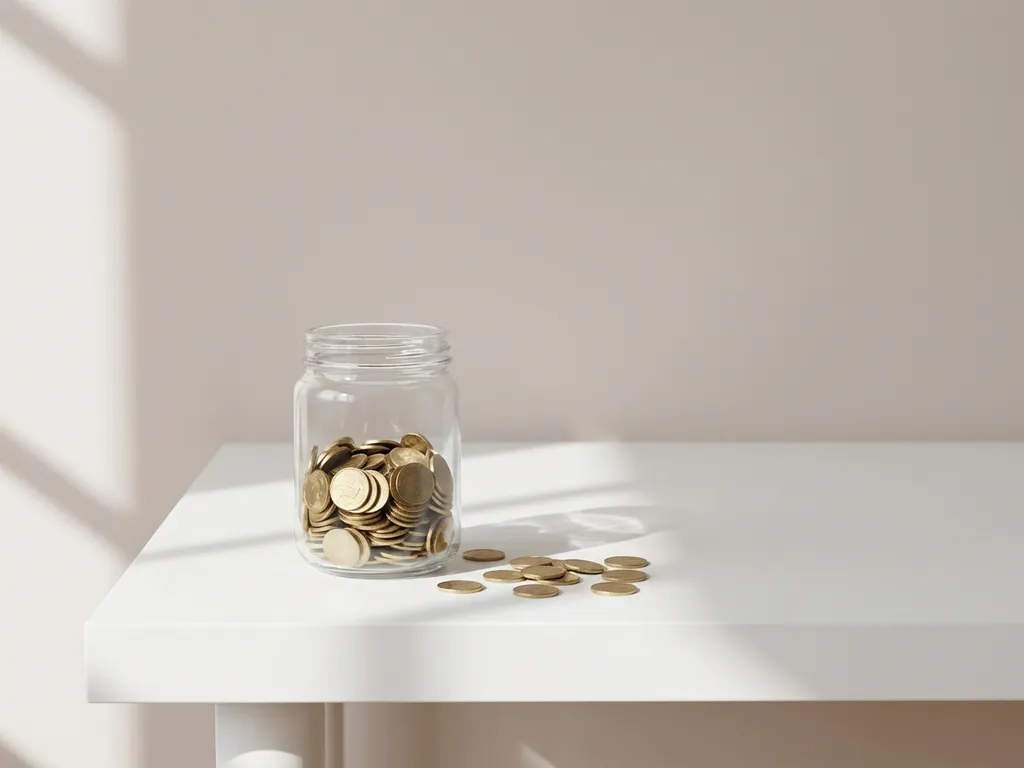 Glazen pot gevuld met gouden munten op wit bureau, enkele munten ernaast, minimalistisch en rustig.