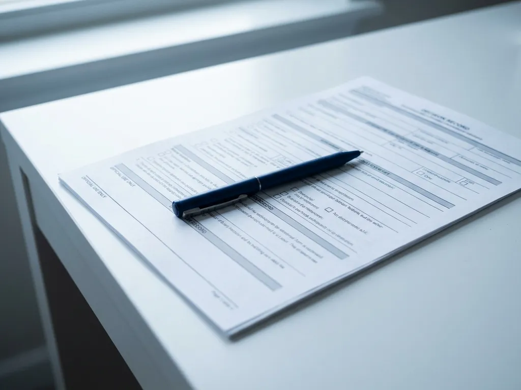 Officieel formulier met pen op wit bureau, lege vakjes en lijnen in rustige blauwe en grijze tinten.