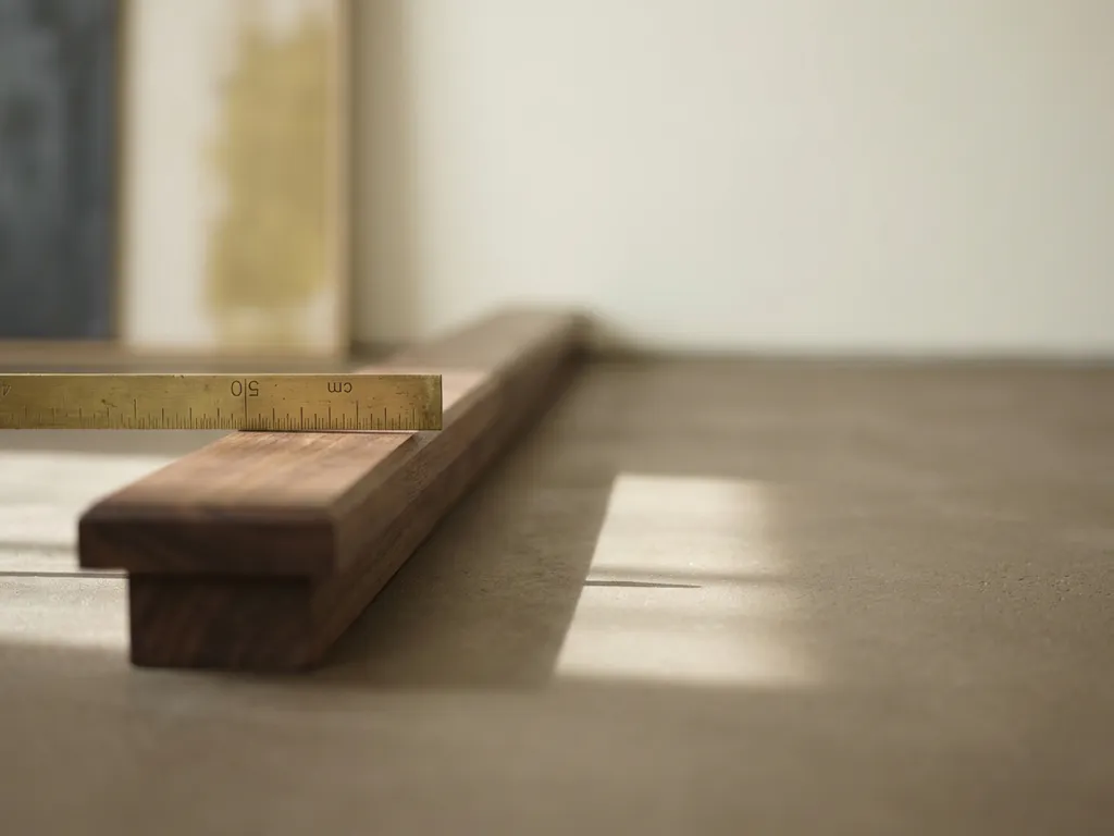 Houten drempel met messing meetlat op minimalistisch oppervlak, zachte neutrale tinten en geometrische schaduw.