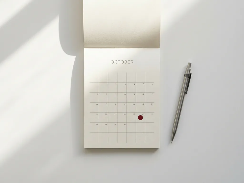 Minimalistische witte bureau met open kalender, rode stip op datum en mechanisch potlood, zachte natuurlijke schaduwen.