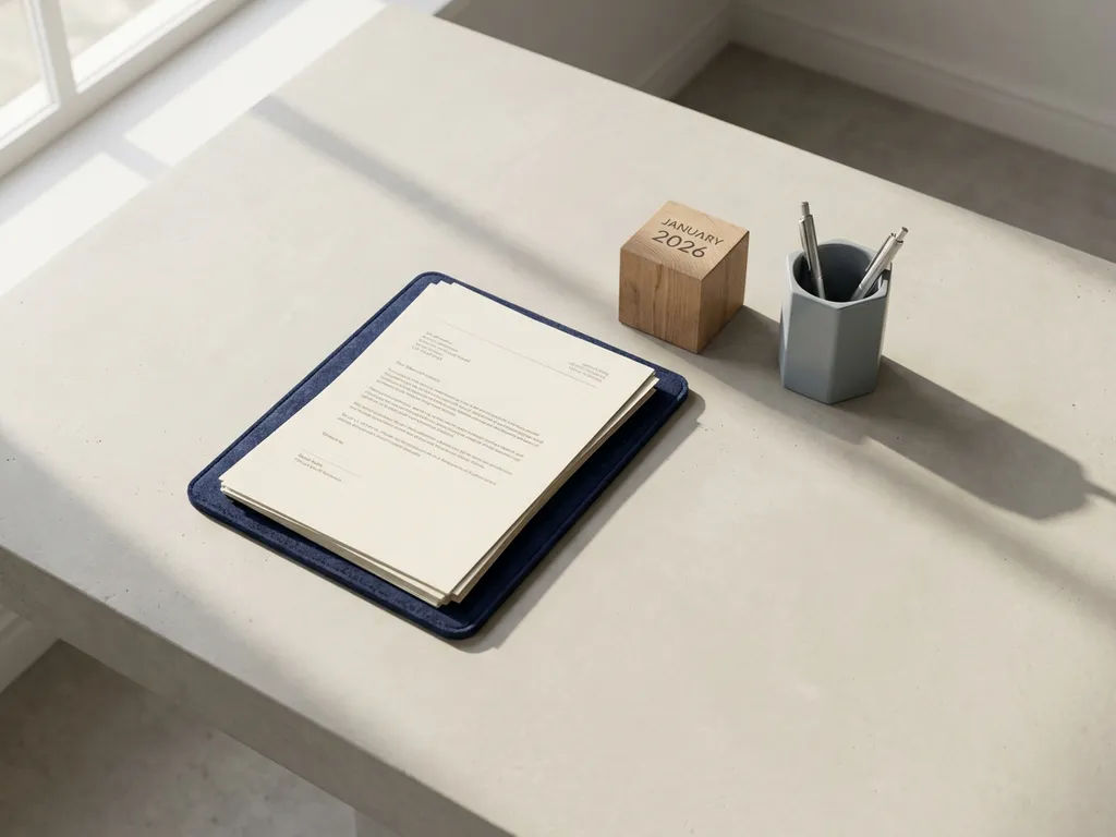 Opgeruimd bureau met officiële documenten, kalender 2026 en pennenhouder in minimalistisch daglicht met marine blauwe map.