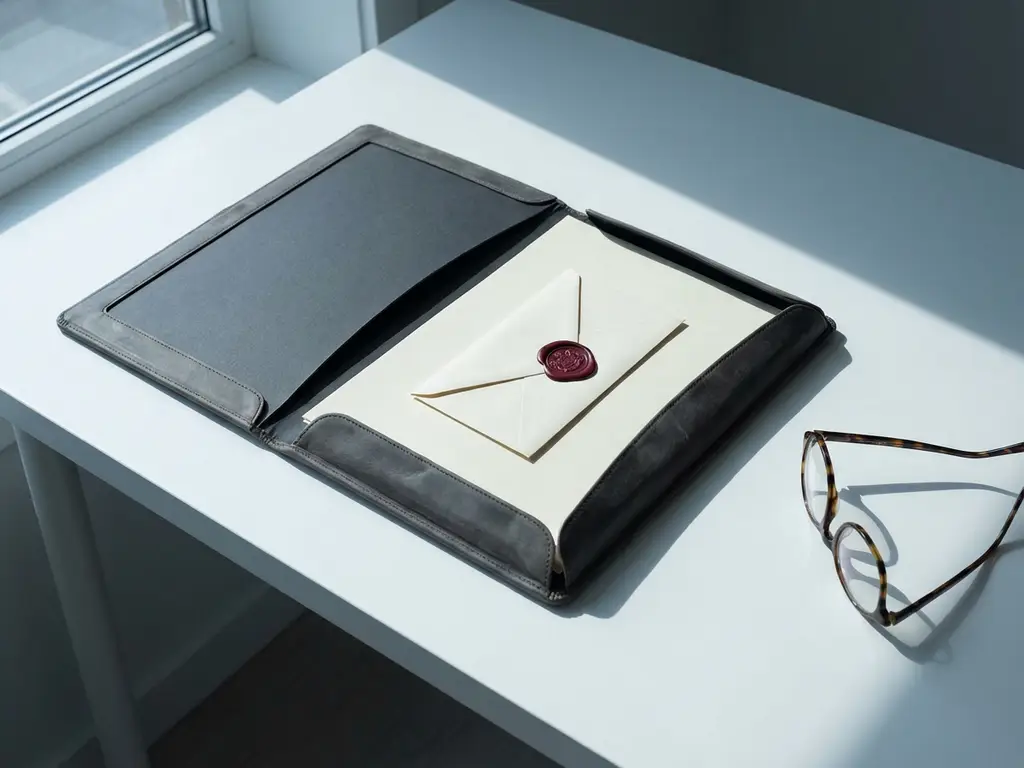 Officiële envelop met rood zegellak op open documentmap, leesbril ernaast, op wit bureau in neutraal daglicht.