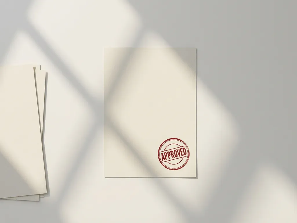 Officieel document met rood stempel op wit bureau, omringd door papieren in minimalistische, zakelijke compositie.