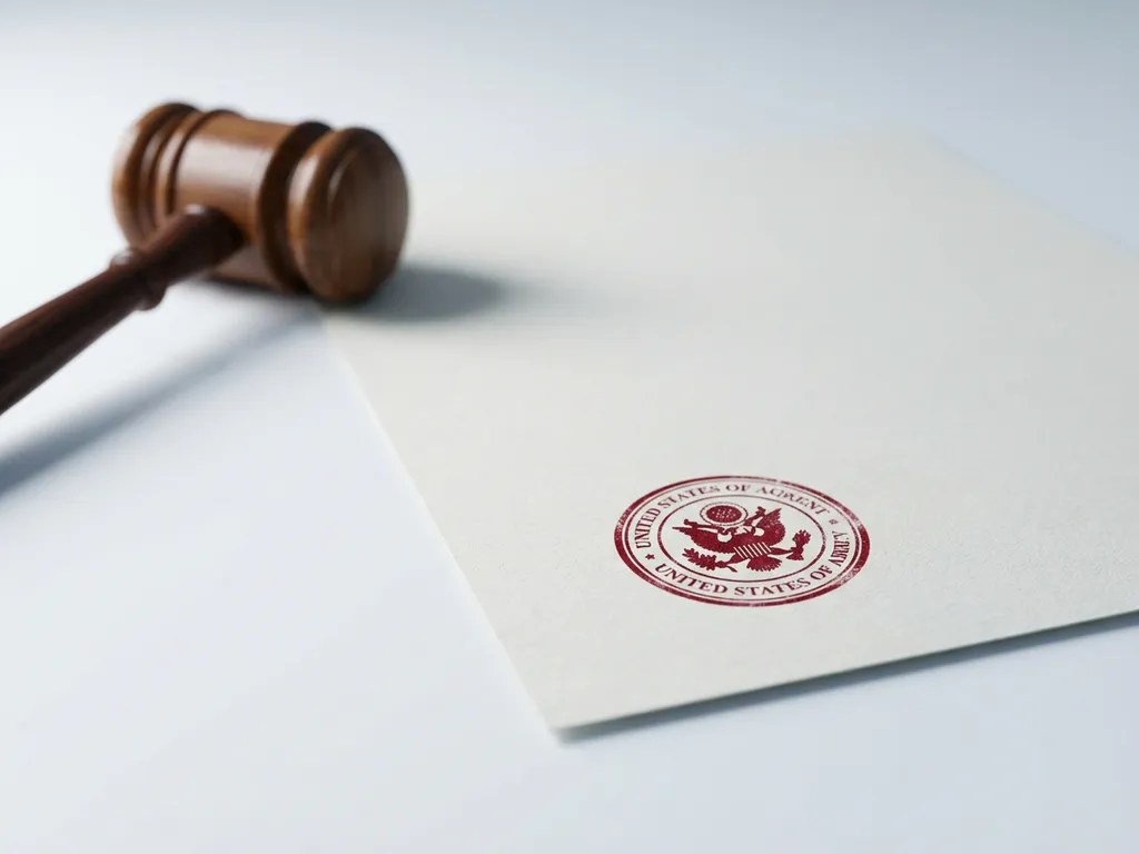 Officieel document met rood zegelstempel en houten hamer op wit bureau, close-up met minimalistische compositie.