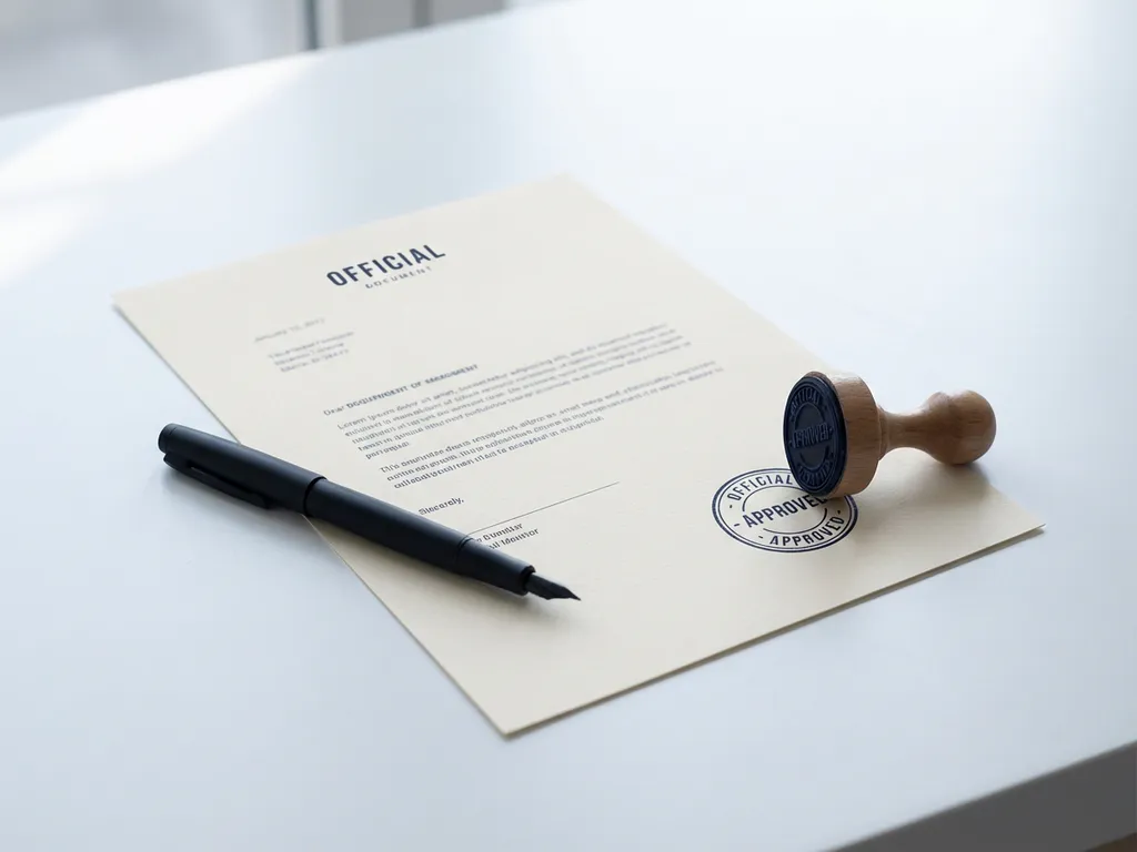 Officieel document met ronde stempelafdruk en zwarte pen op wit bureau, minimalistisch en zakelijk.