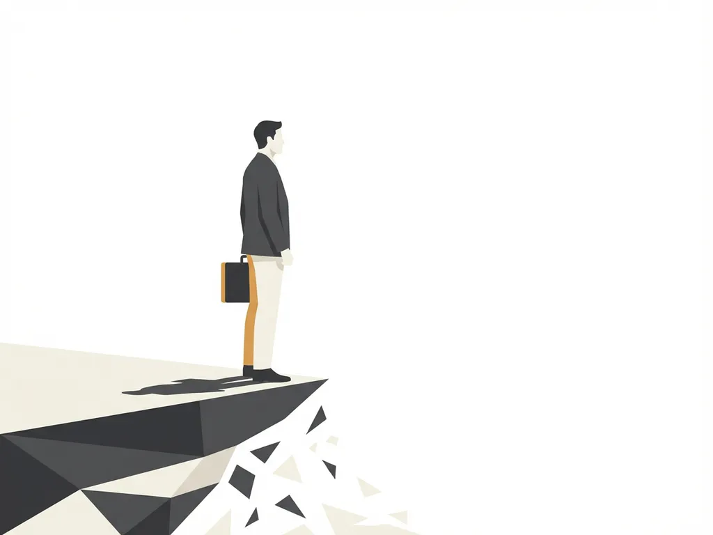 Zakenman staat op fragmenterend platform dat oplost in lege witte ruimte, minimalistische vectorillustratie met onzekere sfeer.