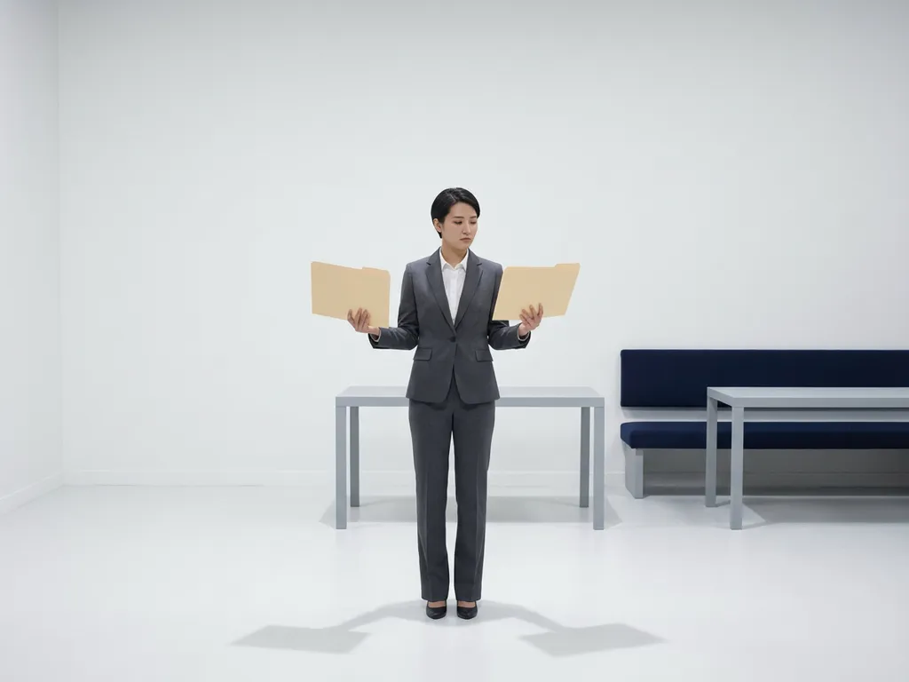 Professionele figuur in pak houdt twee identieke documentmappen vast in een minimalistisch kantoor, met subtiele spanning.
