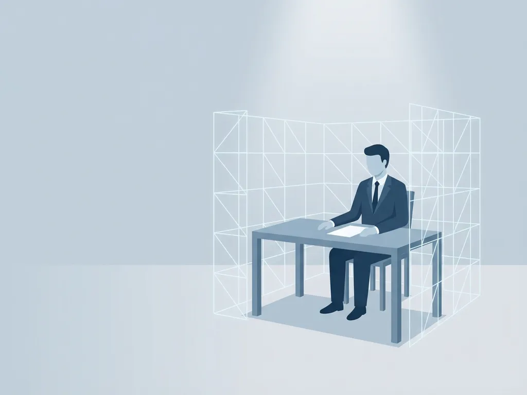 Zakenman aan bureau omgeven door geometrische lijnen, symboliseert onzichtbare grenzen en controle, minimalistische vectorillustratie.