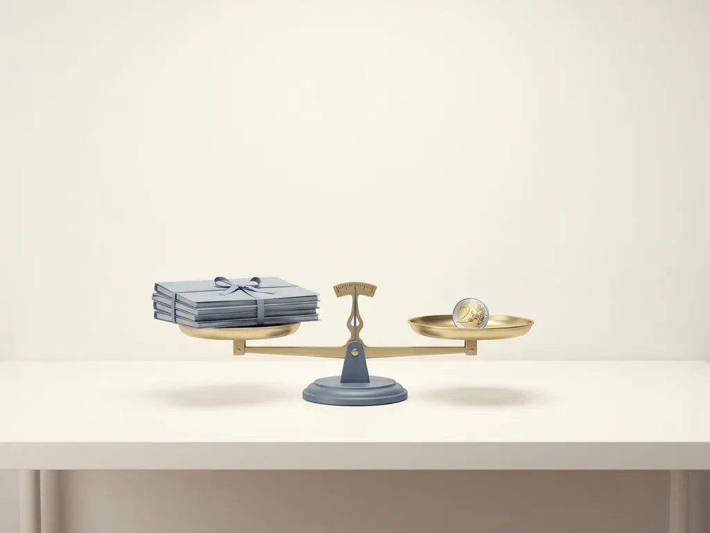 Balansweegschaal in evenwicht met documentmappen en een euromunt op een minimalistisch wit bureau.