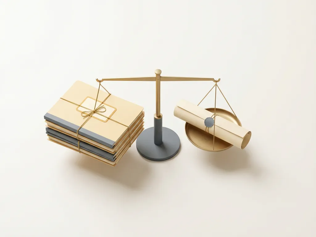 Balansweegschaal op wit bureau met personeelsdossiers tegenover juridisch document, bovenaanzicht, minimalistische stijl.