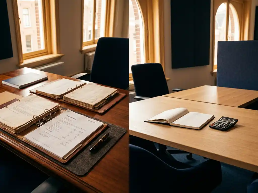 Twee professionele bureaus in modern Nederlands kantoor: accountantsbureau met auditordners en vulpen, administrateursbureau met kasboek en rekenmachine.